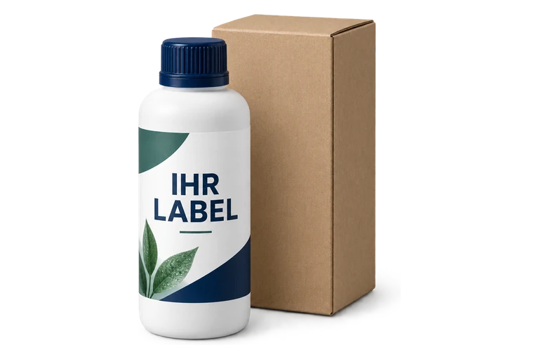 Weiße Musterflasche mit der Aufschrift Ihr Label neben einem Verpackungskarton